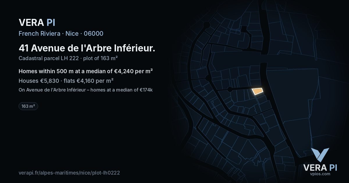 41 Avenue de l'Arbre Inférieur, Nice at night – the plot lit, the parcels around coloured by the prices near them