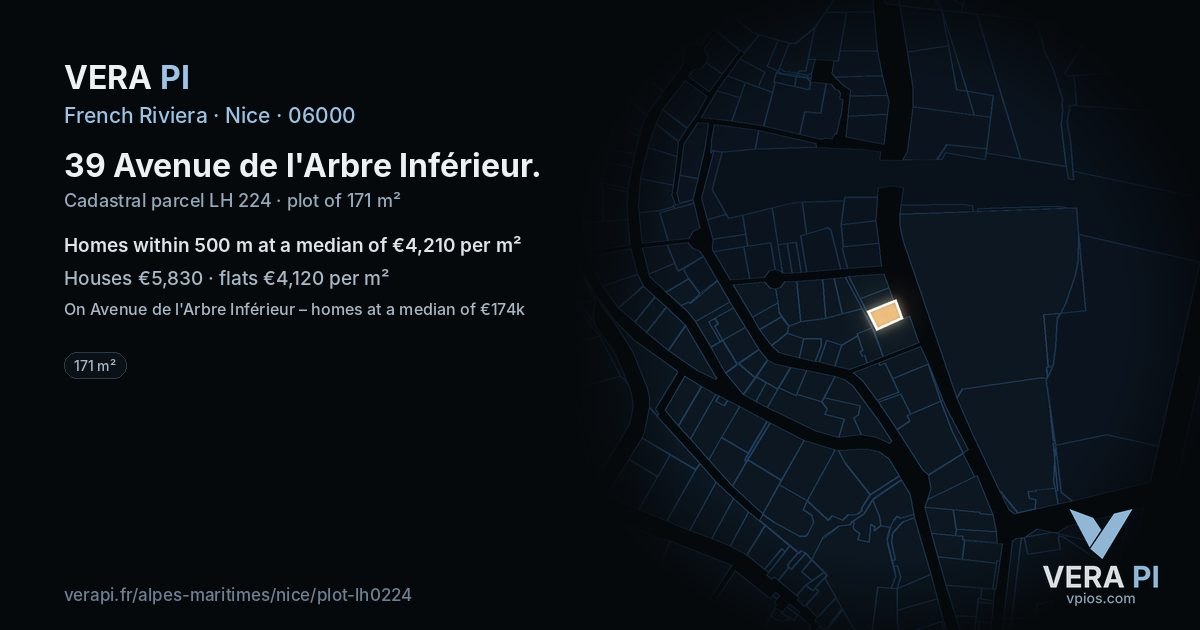 39 Avenue de l'Arbre Inférieur, Nice at night – the plot lit, the parcels around coloured by the prices near them