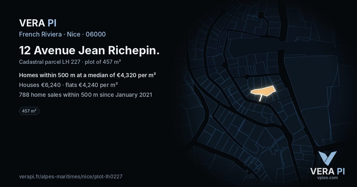 12 Avenue Jean Richepin, Nice at night – the plot lit, the parcels around coloured by the prices near them