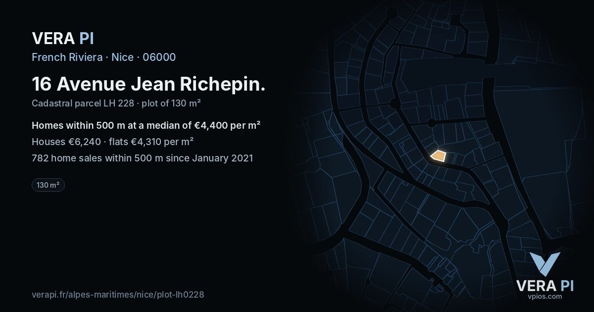 16 Avenue Jean Richepin, Nice at night – the plot lit, the parcels around coloured by the prices near them