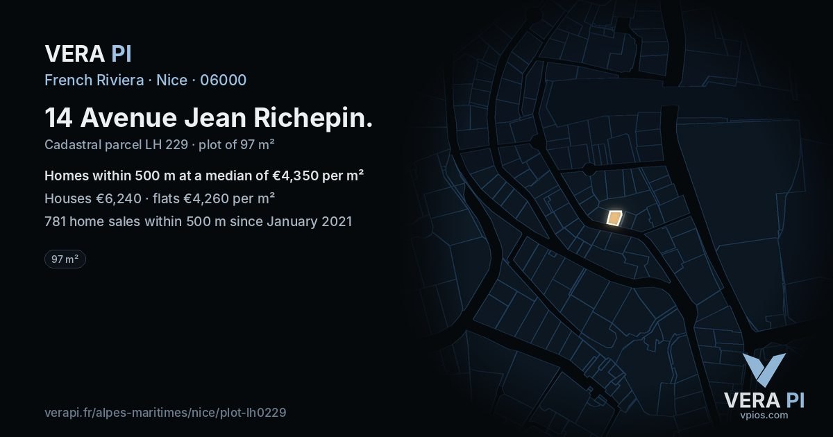 14 Avenue Jean Richepin, Nice at night – the plot lit, the parcels around coloured by the prices near them