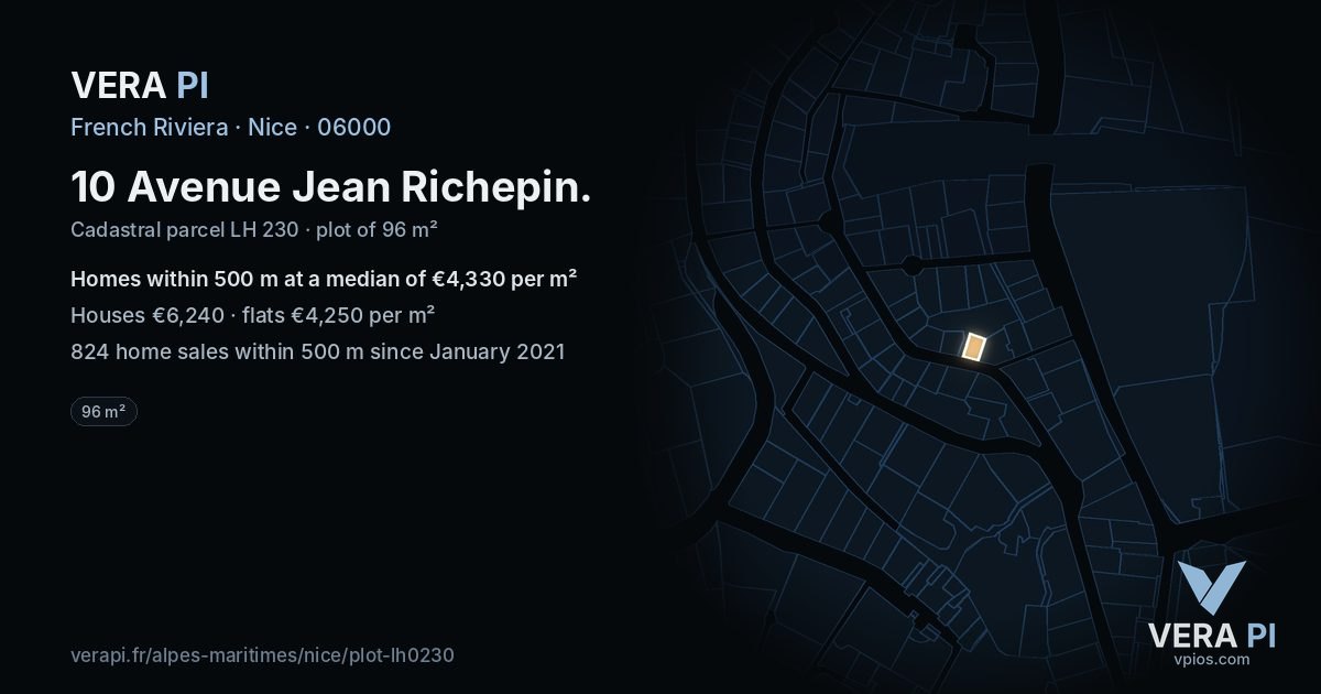 10 Avenue Jean Richepin, Nice at night – the plot lit, the parcels around coloured by the prices near them