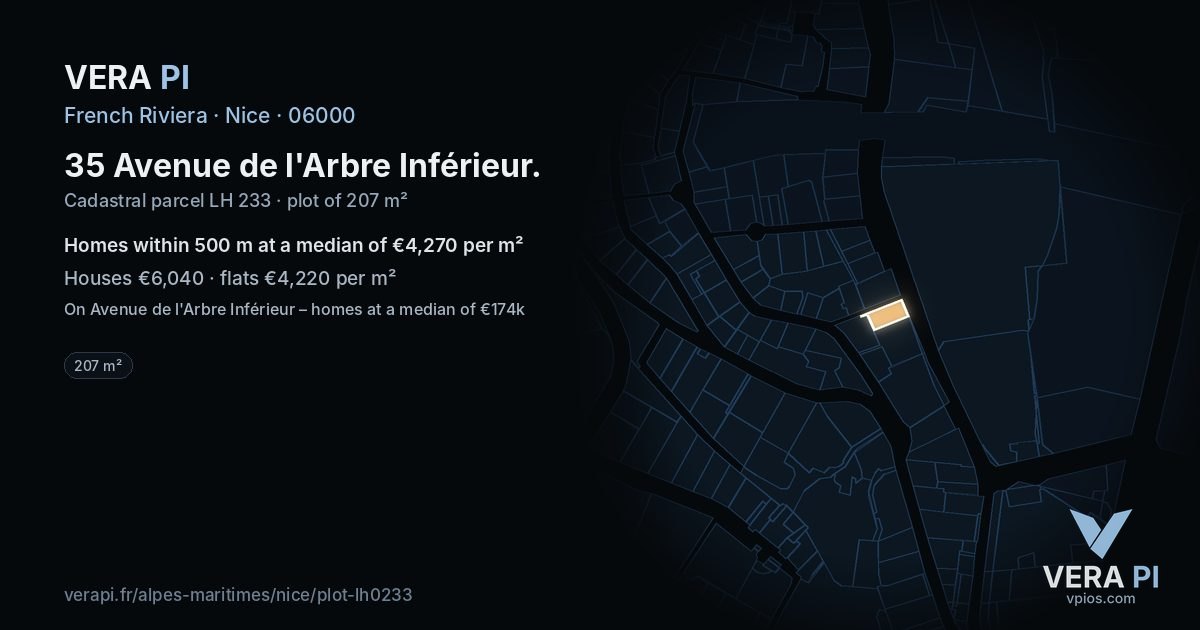 35 Avenue de l'Arbre Inférieur, Nice at night – the plot lit, the parcels around coloured by the prices near them