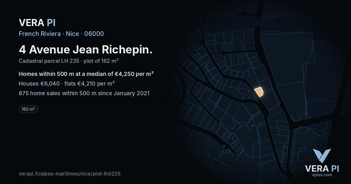 4 Avenue Jean Richepin, Nice at night – the plot lit, the parcels around coloured by the prices near them
