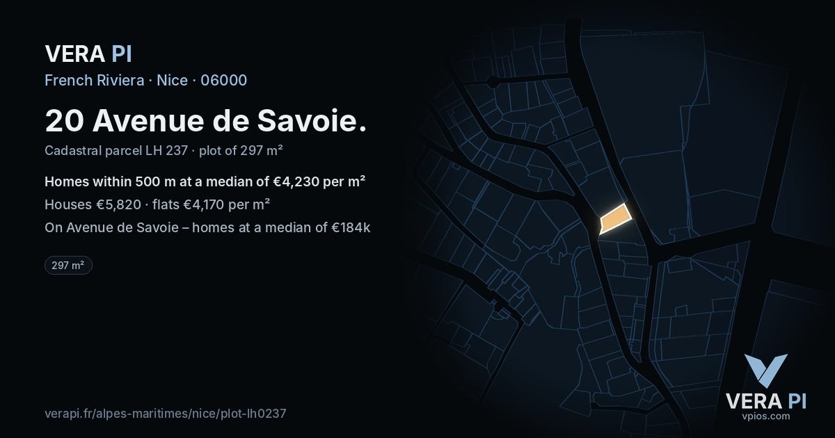 20 Avenue de Savoie, Nice at night – the plot lit, the parcels around coloured by the prices near them