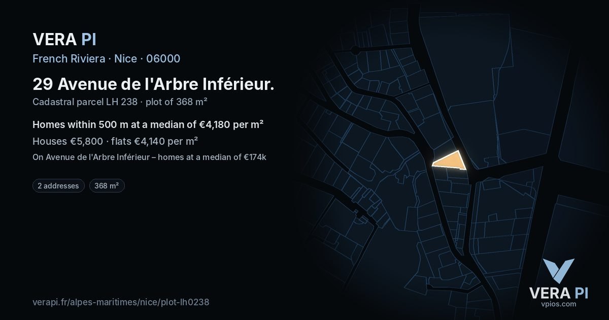 29 Avenue de l'Arbre Inférieur, Nice at night – the plot lit, the parcels around coloured by the prices near them