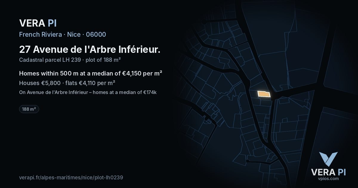 27 Avenue de l'Arbre Inférieur, Nice at night – the plot lit, the parcels around coloured by the prices near them