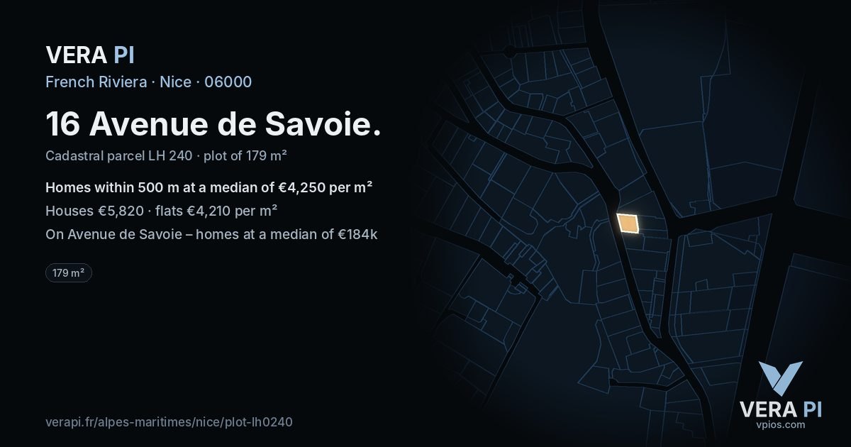 16 Avenue de Savoie, Nice at night – the plot lit, the parcels around coloured by the prices near them