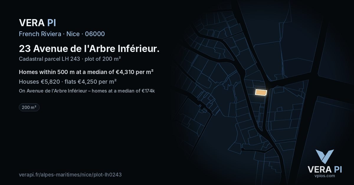 23 Avenue de l'Arbre Inférieur, Nice at night – the plot lit, the parcels around coloured by the prices near them