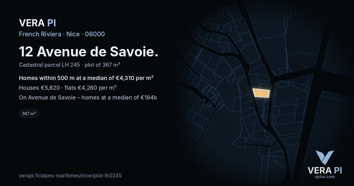 12 Avenue de Savoie, Nice at night – the plot lit, the parcels around coloured by the prices near them