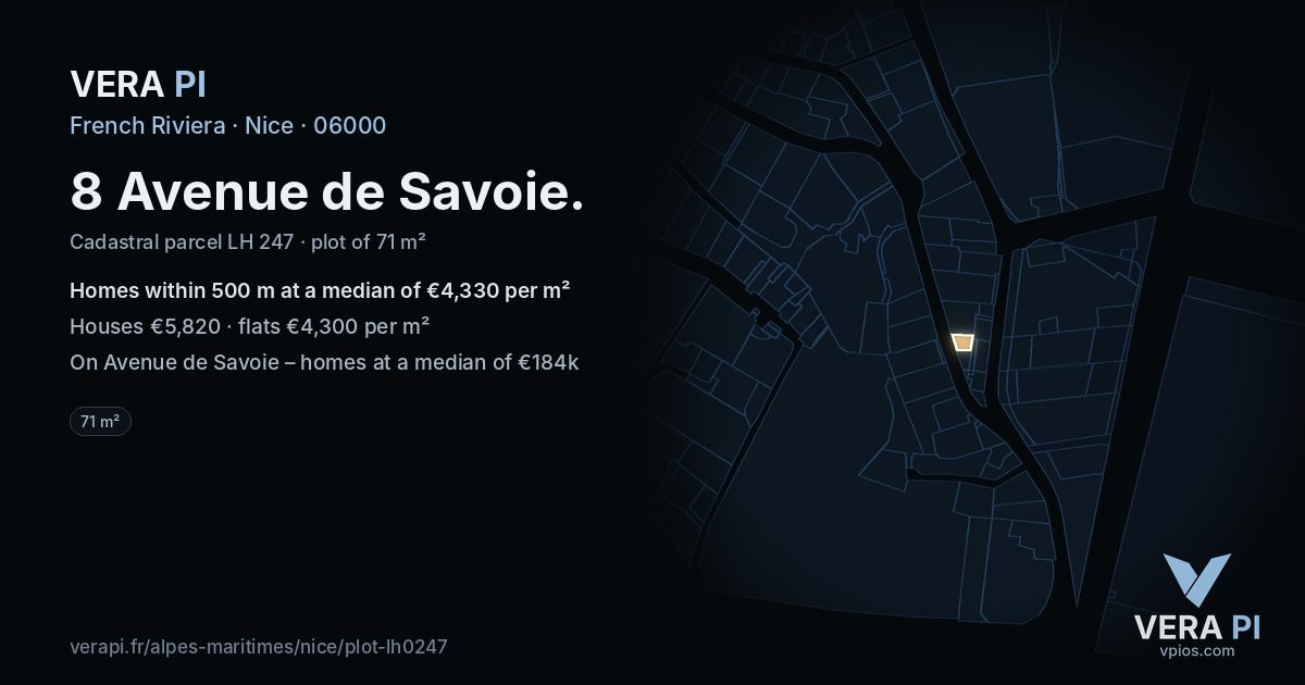8 Avenue de Savoie, Nice at night – the plot lit, the parcels around coloured by the prices near them