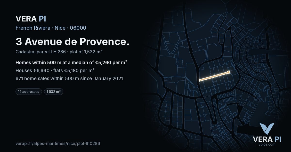 3 Avenue de Provence, Nice at night – the plot lit, the parcels around coloured by the prices near them