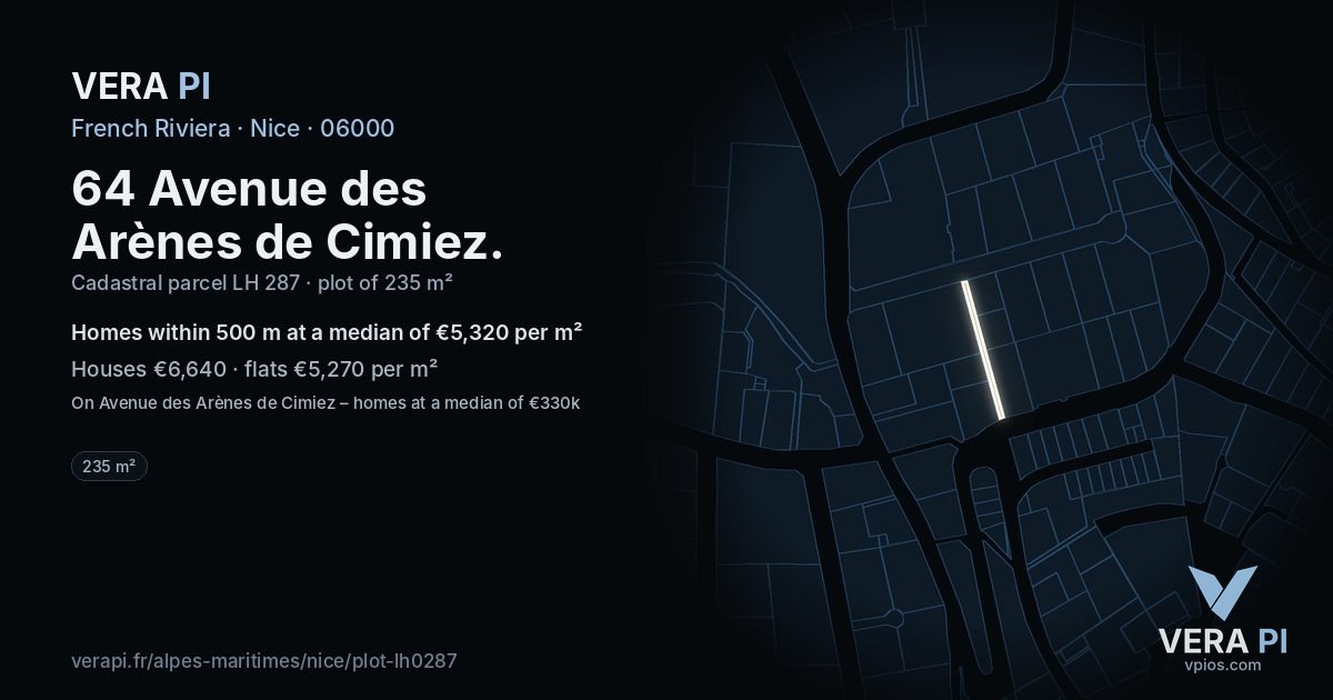 64 Avenue des Arènes de Cimiez, Nice at night – the plot lit, the parcels around coloured by the prices near them