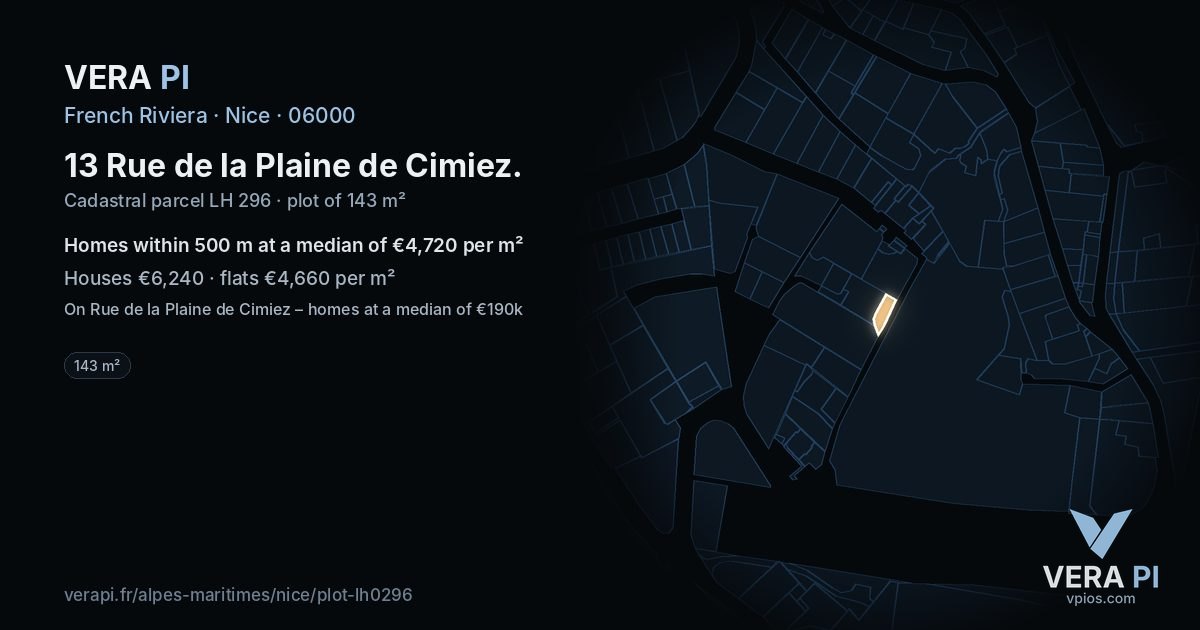 13 Rue de la Plaine de Cimiez, Nice at night – the plot lit, the parcels around coloured by the prices near them