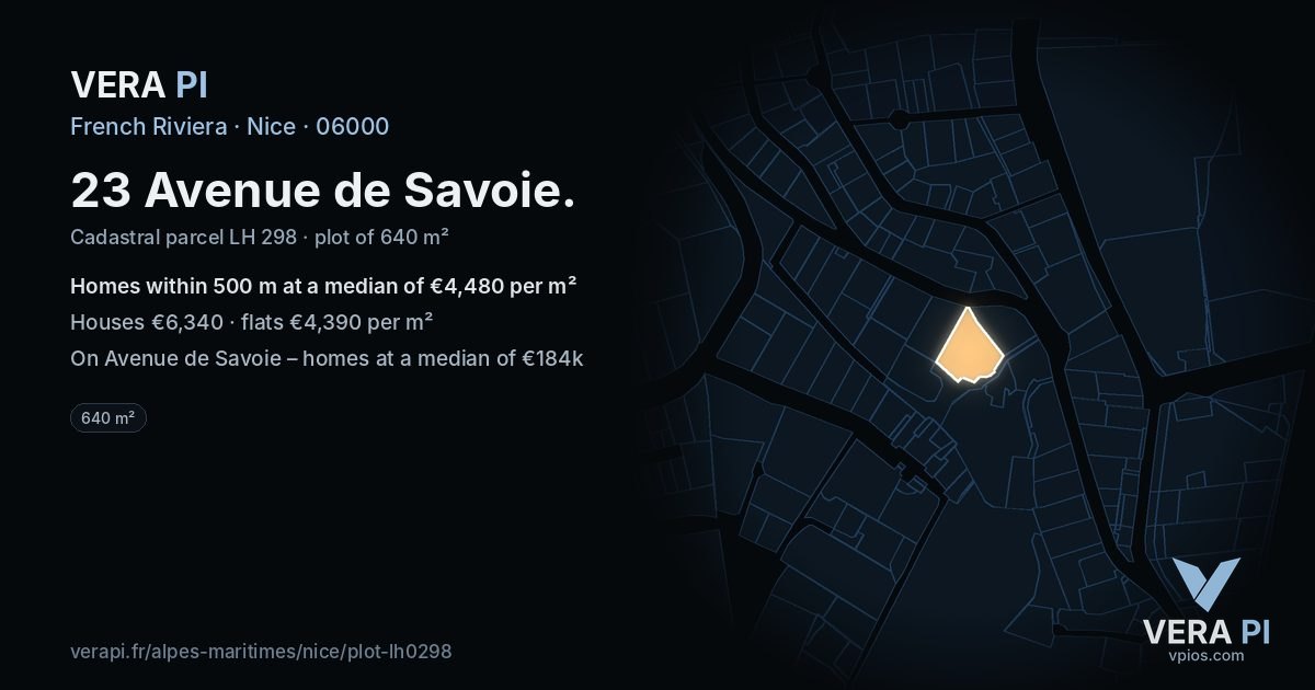 23 Avenue de Savoie, Nice at night – the plot lit, the parcels around coloured by the prices near them