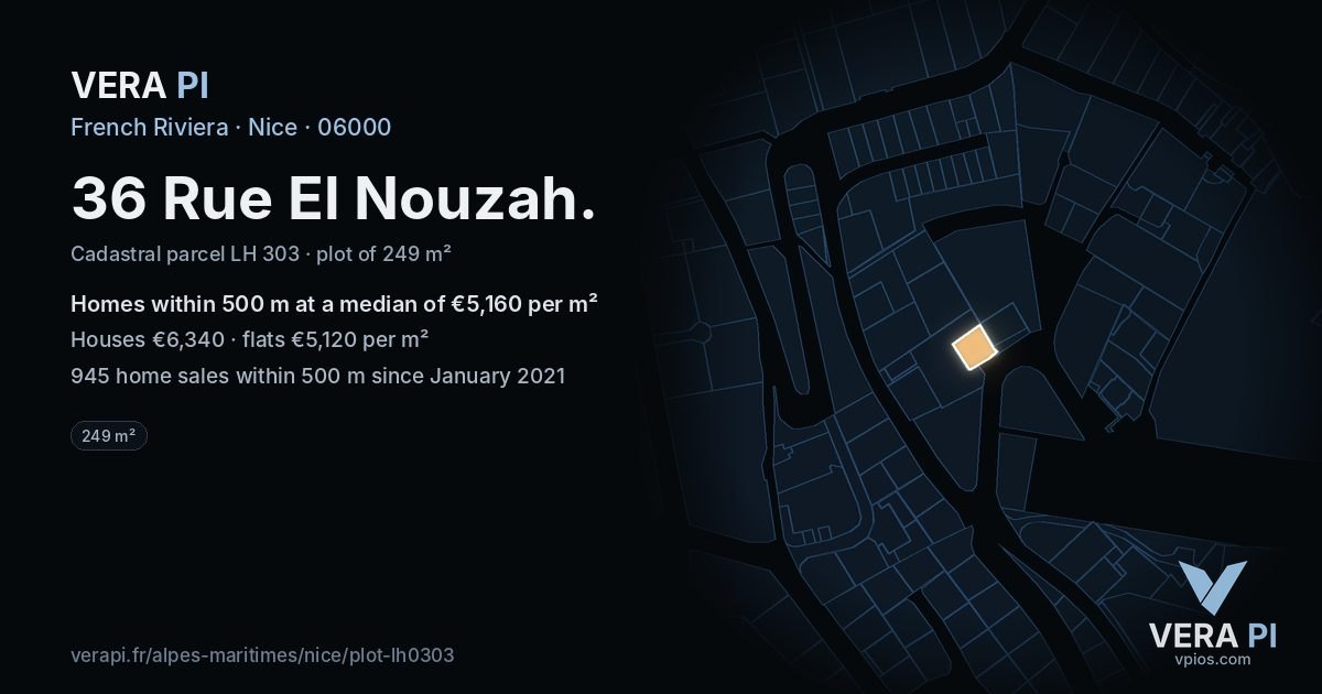36 Rue El Nouzah, Nice at night – the plot lit, the parcels around coloured by the prices near them