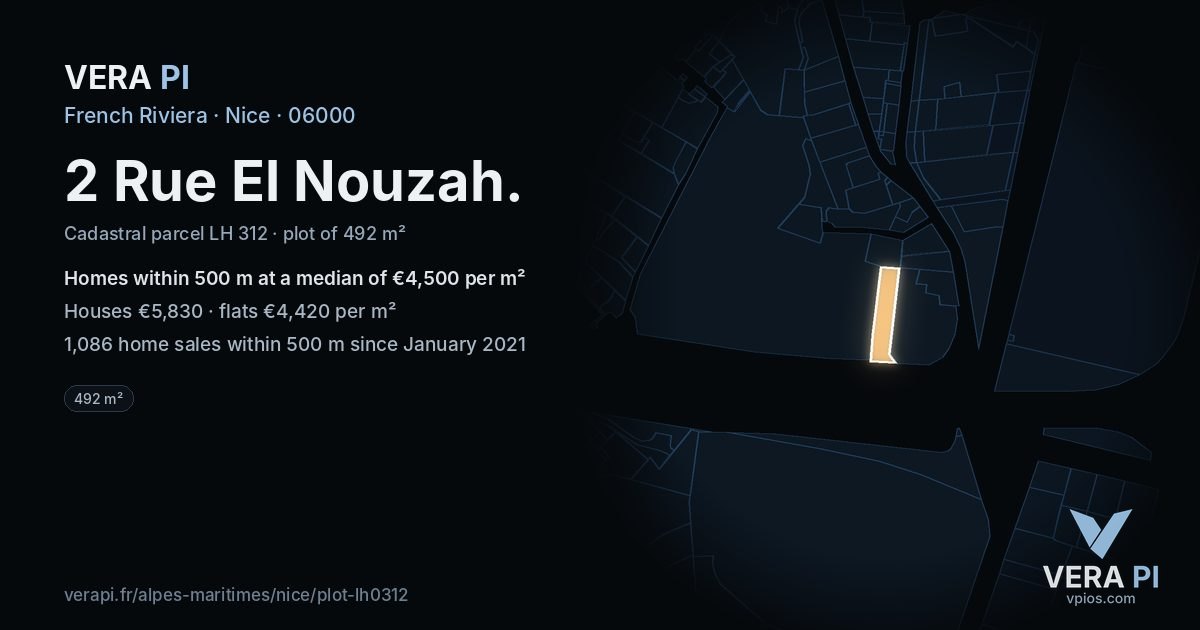 2 Rue El Nouzah, Nice at night – the plot lit, the parcels around coloured by the prices near them