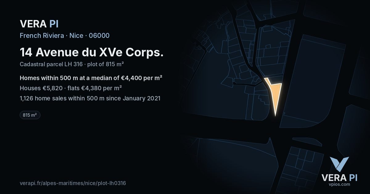 14 Avenue du XVe Corps, Nice at night – the plot lit, the parcels around coloured by the prices near them