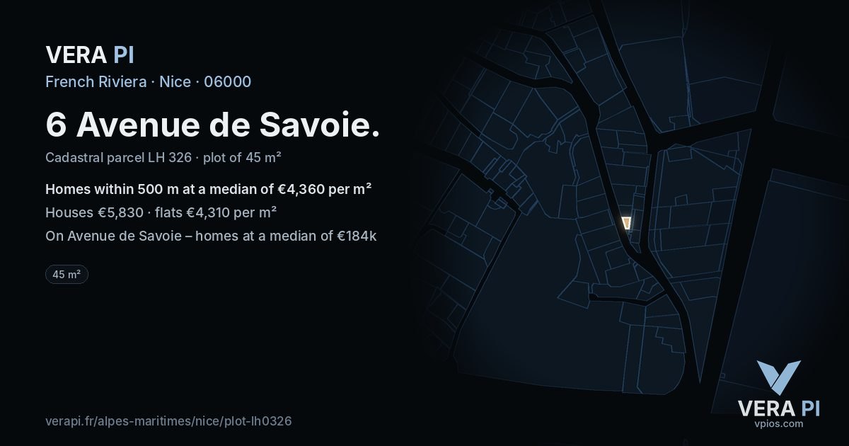 6 Avenue de Savoie, Nice at night – the plot lit, the parcels around coloured by the prices near them