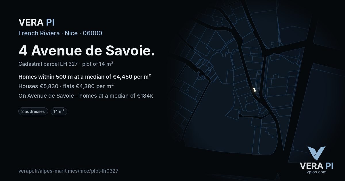 4 Avenue de Savoie, Nice at night – the plot lit, the parcels around coloured by the prices near them