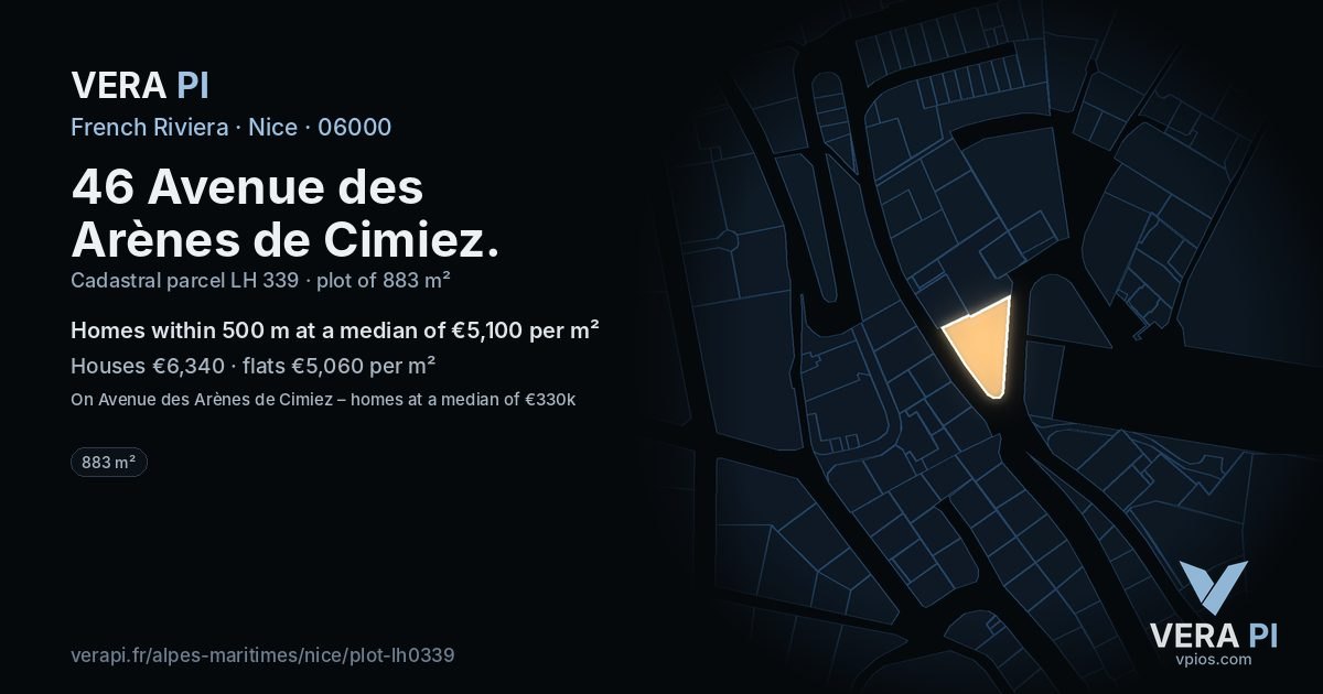 46 Avenue des Arènes de Cimiez, Nice at night – the plot lit, the parcels around coloured by the prices near them