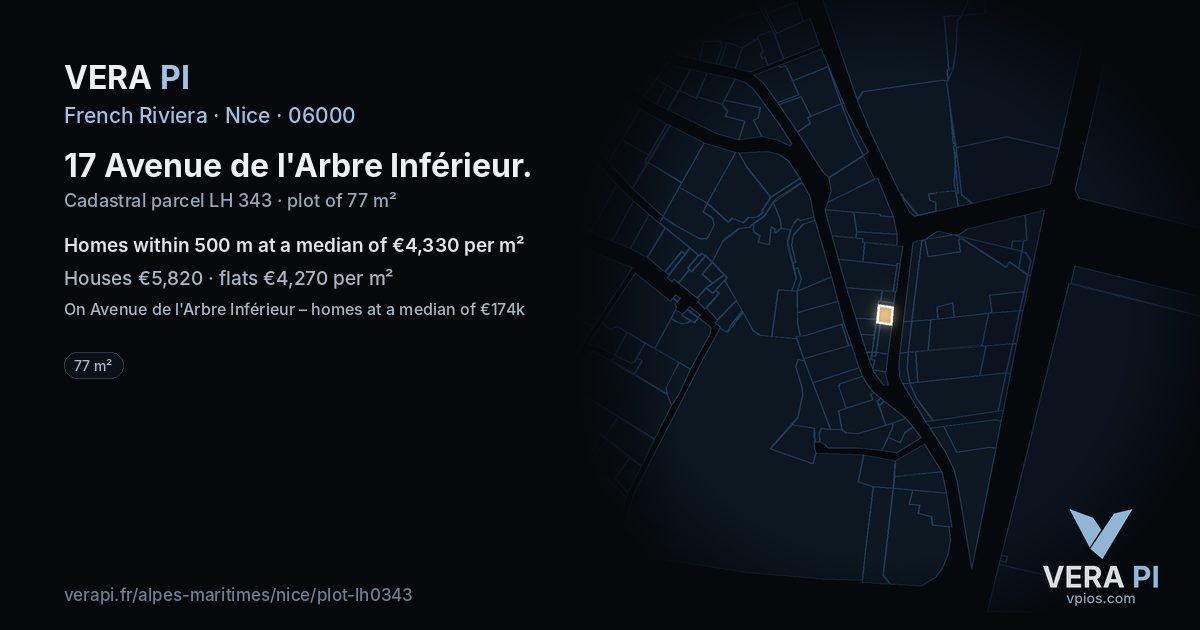 17 Avenue de l'Arbre Inférieur, Nice at night – the plot lit, the parcels around coloured by the prices near them