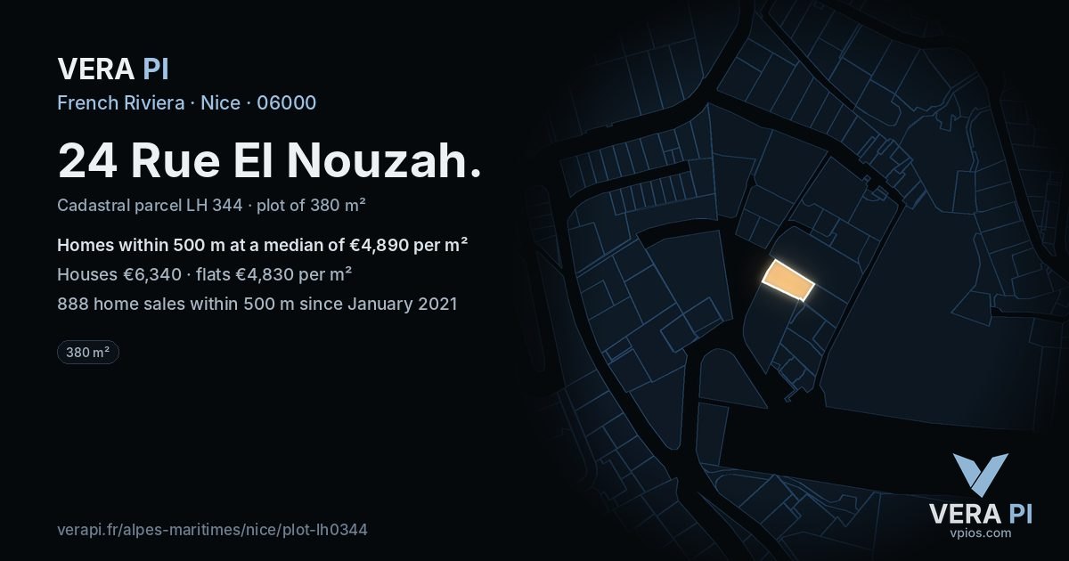 24 Rue El Nouzah, Nice at night – the plot lit, the parcels around coloured by the prices near them