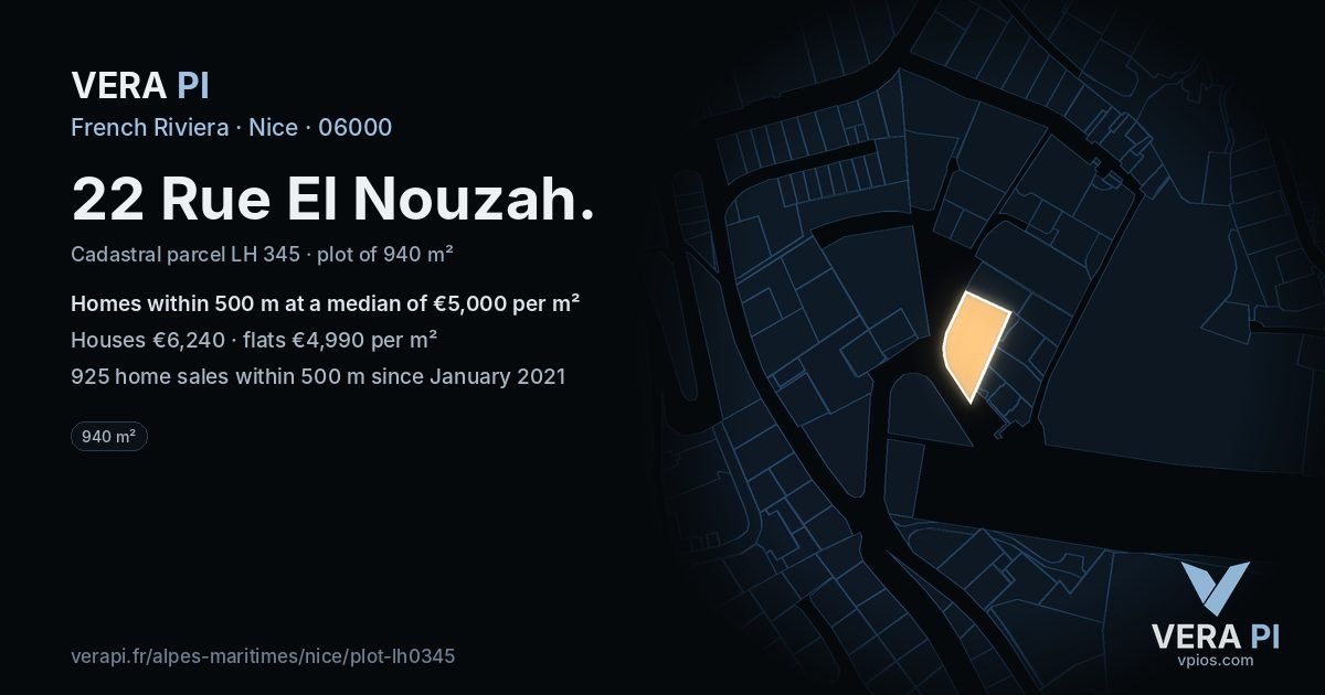 22 Rue El Nouzah, Nice at night – the plot lit, the parcels around coloured by the prices near them