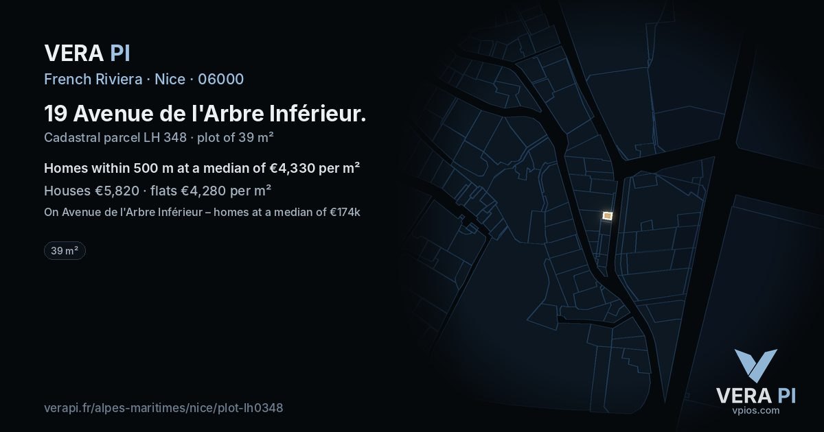 19 Avenue de l'Arbre Inférieur, Nice at night – the plot lit, the parcels around coloured by the prices near them
