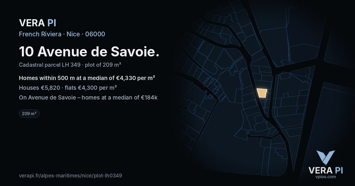 10 Avenue de Savoie, Nice at night – the plot lit, the parcels around coloured by the prices near them