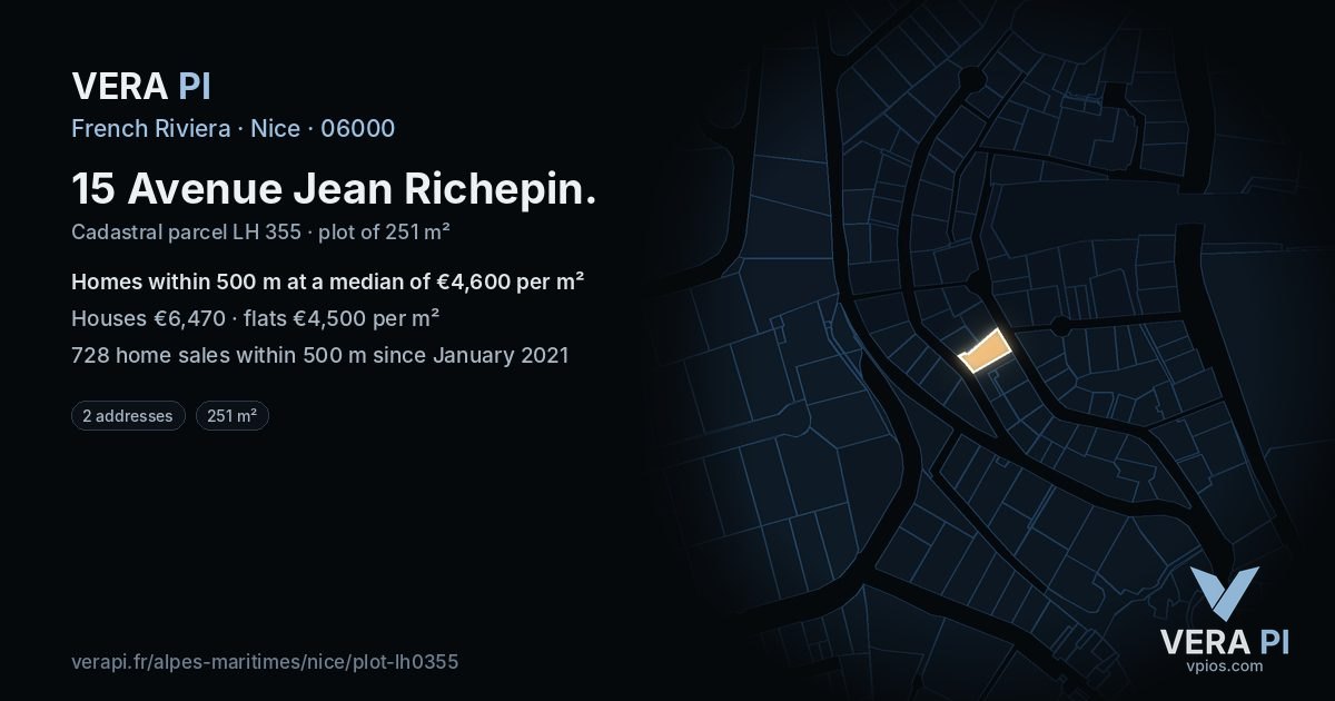 15 Avenue Jean Richepin, Nice at night – the plot lit, the parcels around coloured by the prices near them