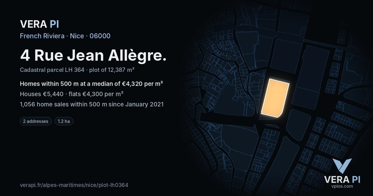 4 Rue Jean Allègre, Nice at night – the plot lit, the parcels around coloured by the prices near them