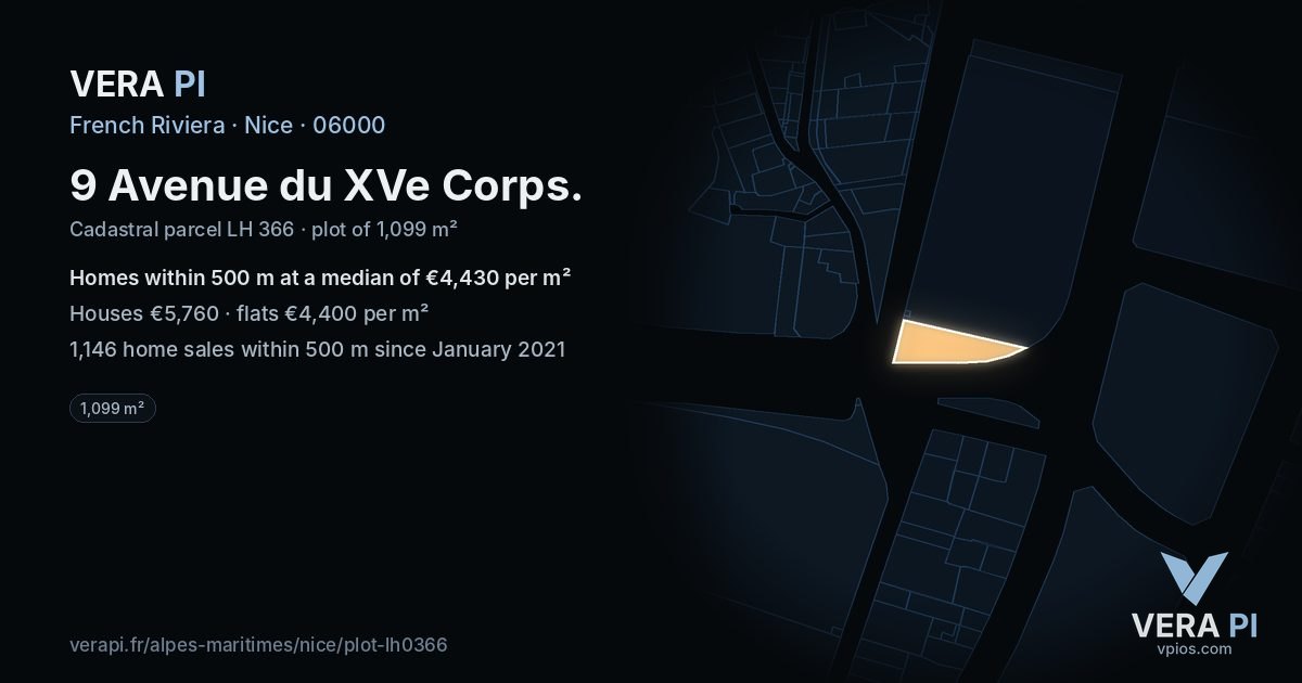 9 Avenue du XVe Corps, Nice at night – the plot lit, the parcels around coloured by the prices near them