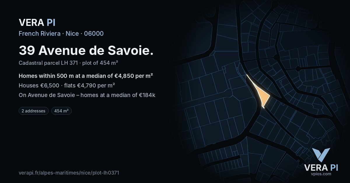 39 Avenue de Savoie, Nice at night – the plot lit, the parcels around coloured by the prices near them