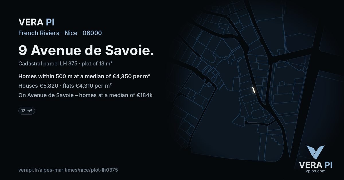 9 Avenue de Savoie, Nice at night – the plot lit, the parcels around coloured by the prices near them