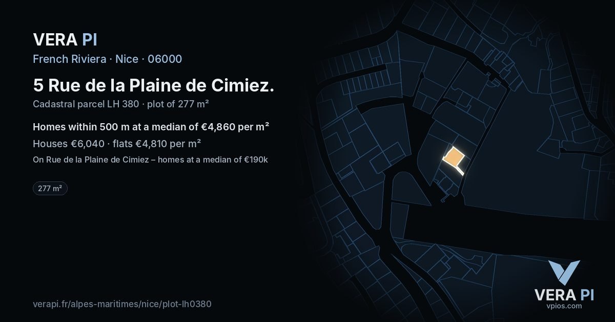 5 Rue de la Plaine de Cimiez, Nice at night – the plot lit, the parcels around coloured by the prices near them
