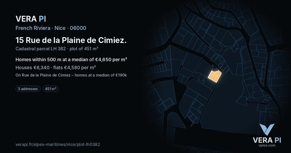 15 Rue de la Plaine de Cimiez, Nice at night – the plot lit, the parcels around coloured by the prices near them