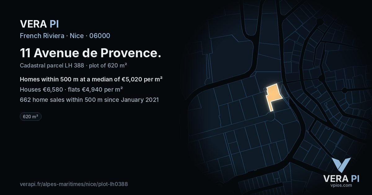 11 Avenue de Provence, Nice at night – the plot lit, the parcels around coloured by the prices near them