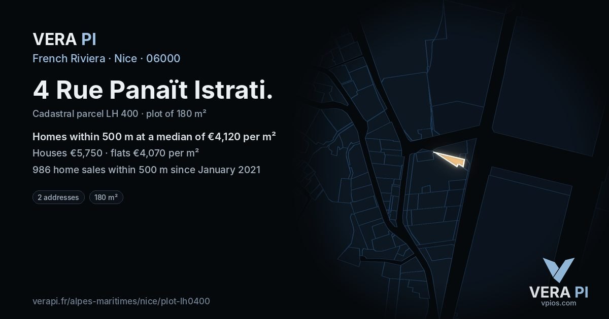 4 Rue Panaït Istrati, Nice at night – the plot lit, the parcels around coloured by the prices near them