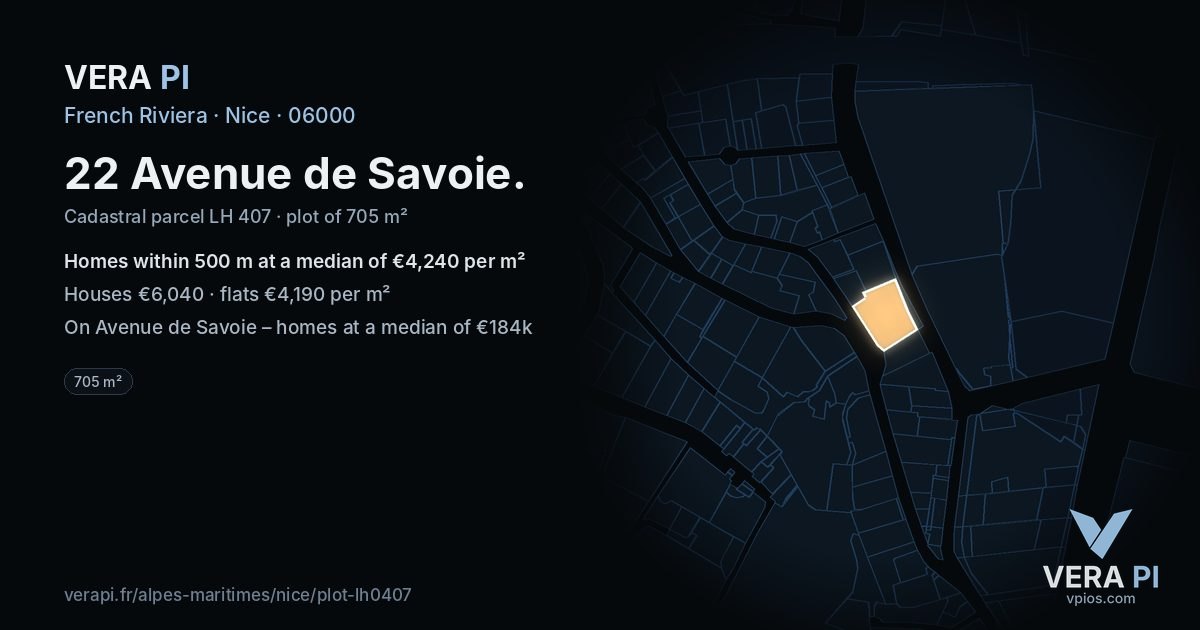 22 Avenue de Savoie, Nice at night – the plot lit, the parcels around coloured by the prices near them