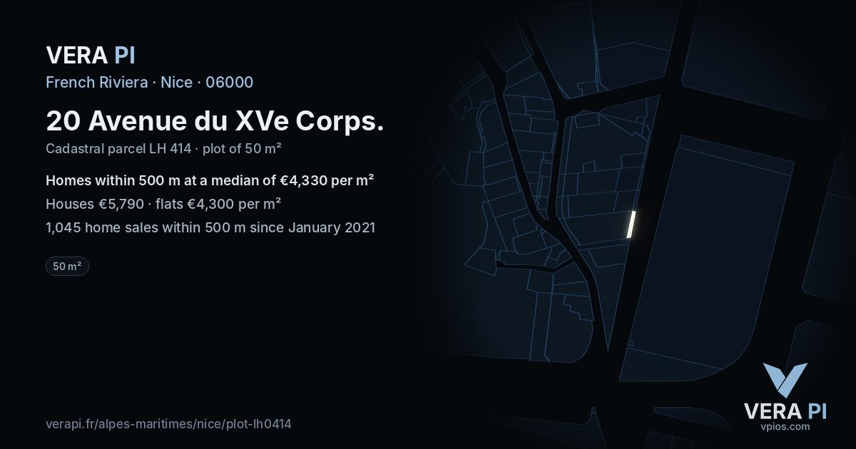 20 Avenue du XVe Corps, Nice at night – the plot lit, the parcels around coloured by the prices near them