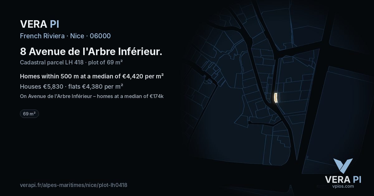 8 Avenue de l'Arbre Inférieur, Nice at night – the plot lit, the parcels around coloured by the prices near them