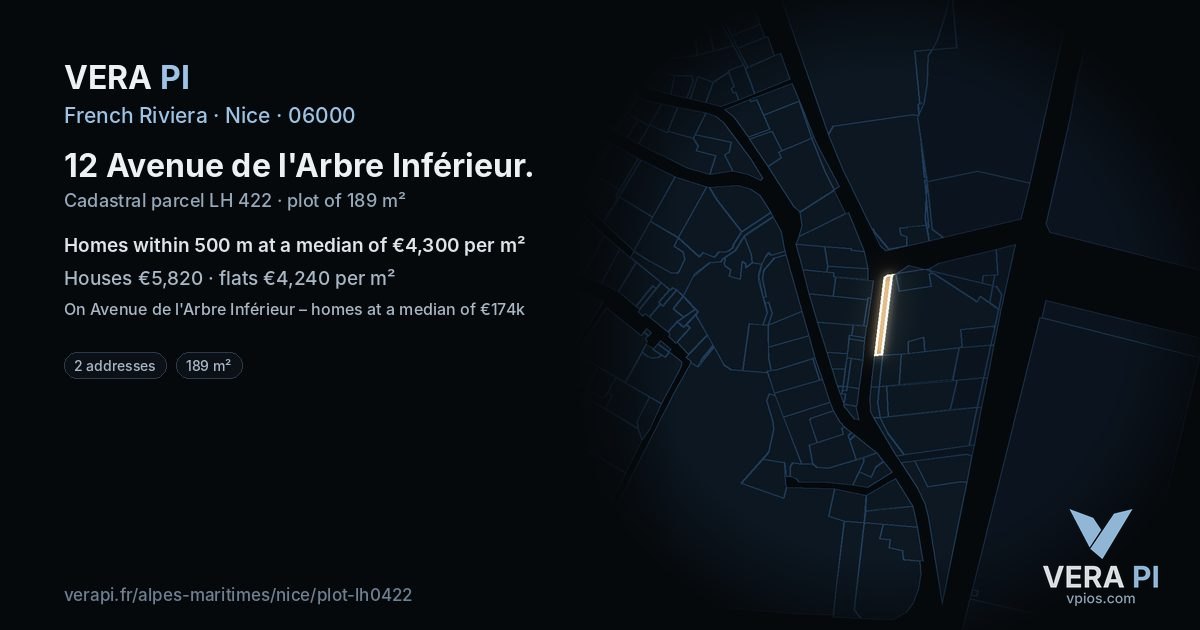 12 Avenue de l'Arbre Inférieur, Nice at night – the plot lit, the parcels around coloured by the prices near them
