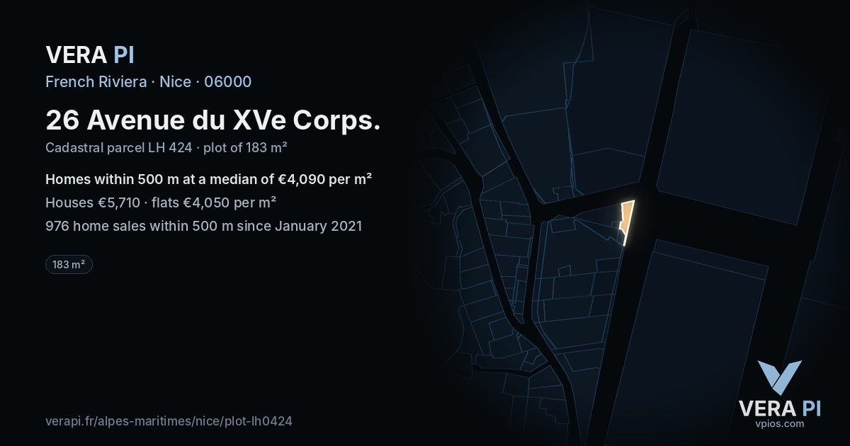 26 Avenue du XVe Corps, Nice at night – the plot lit, the parcels around coloured by the prices near them