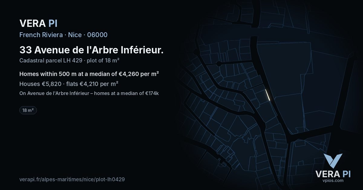 33 Avenue de l'Arbre Inférieur, Nice at night – the plot lit, the parcels around coloured by the prices near them