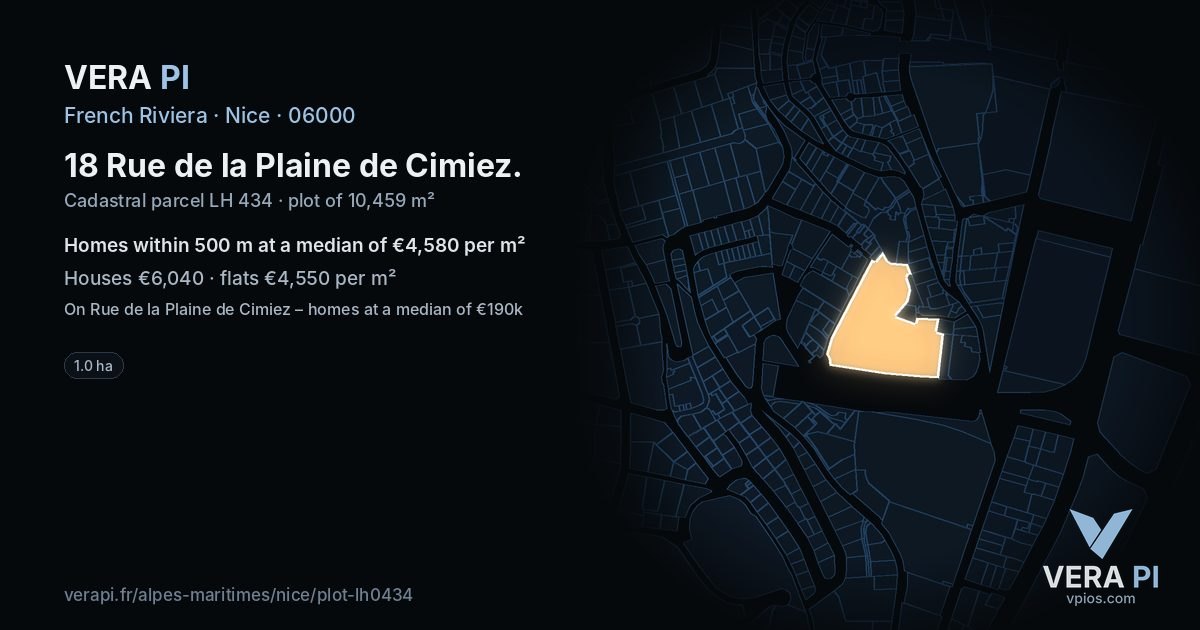18 Rue de la Plaine de Cimiez, Nice at night – the plot lit, the parcels around coloured by the prices near them