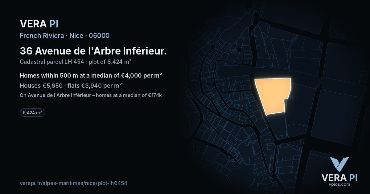 36 Avenue de l'Arbre Inférieur, Nice at night – the plot lit, the parcels around coloured by the prices near them