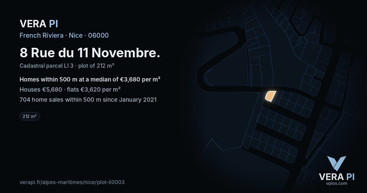 8 Rue du 11 Novembre, Nice at night – the plot lit, the parcels around coloured by the prices near them