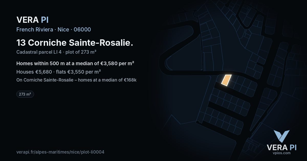 13 Corniche Sainte-Rosalie, Nice at night – the plot lit, the parcels around coloured by the prices near them