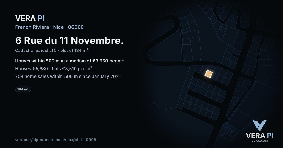 6 Rue du 11 Novembre, Nice at night – the plot lit, the parcels around coloured by the prices near them